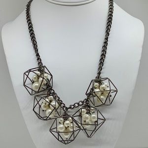 Modern Silver Metal and Pearl Geometric Necklace